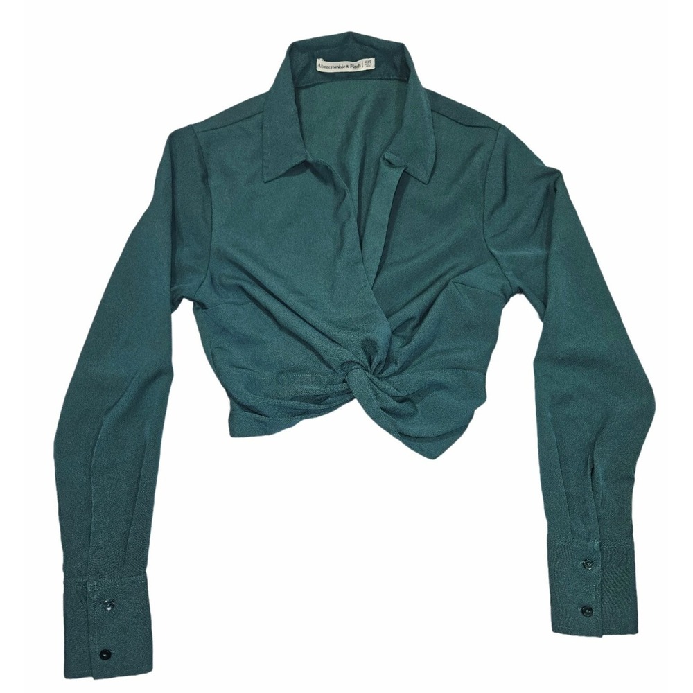 Abercrombie & Fitch Women's Long-Sleeve Twist-Front Crop Top Dark Green